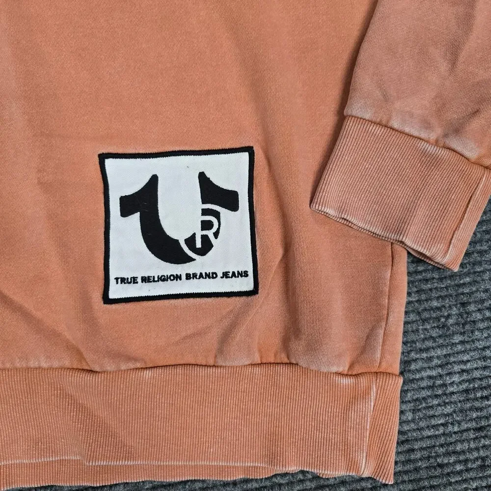 True Religion Mens Sweatshirt S Faded Coral Orange Logo Patch Crewneck Pullover